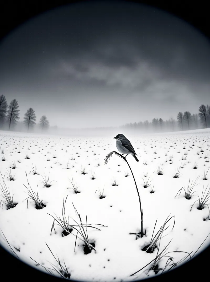 A tiny bird balances on a bent seed stem in a snow covered field under grey sky.