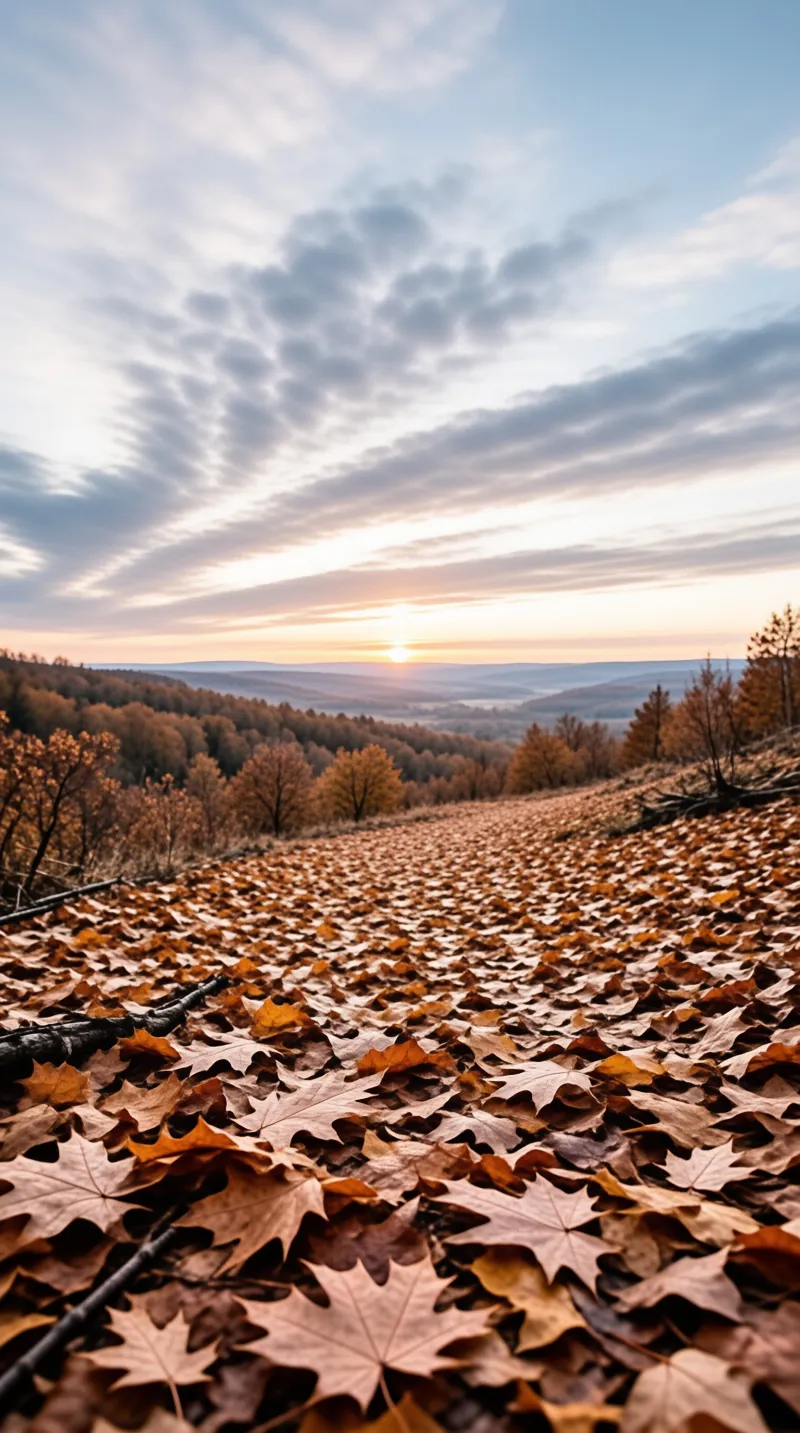 A thick layer of brown leaves covers a hillside leading to distant mountains beneath a dramatic cloudy sunset sky.