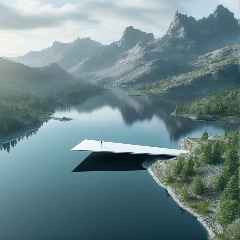 A stark white rectangular structure projects from a rocky cliffside into a tranquil lake surrounded by rugged peaks and soft morning mist.