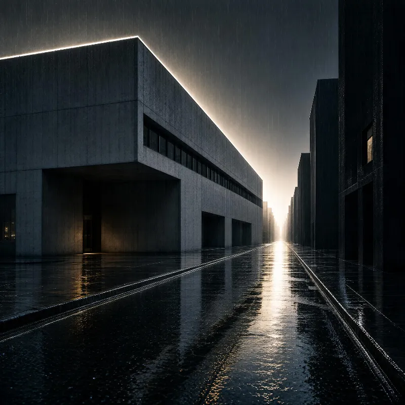A concrete building lines a wet urban street in the rain, with a glowing edge along its roof and the sun visible in the distance.