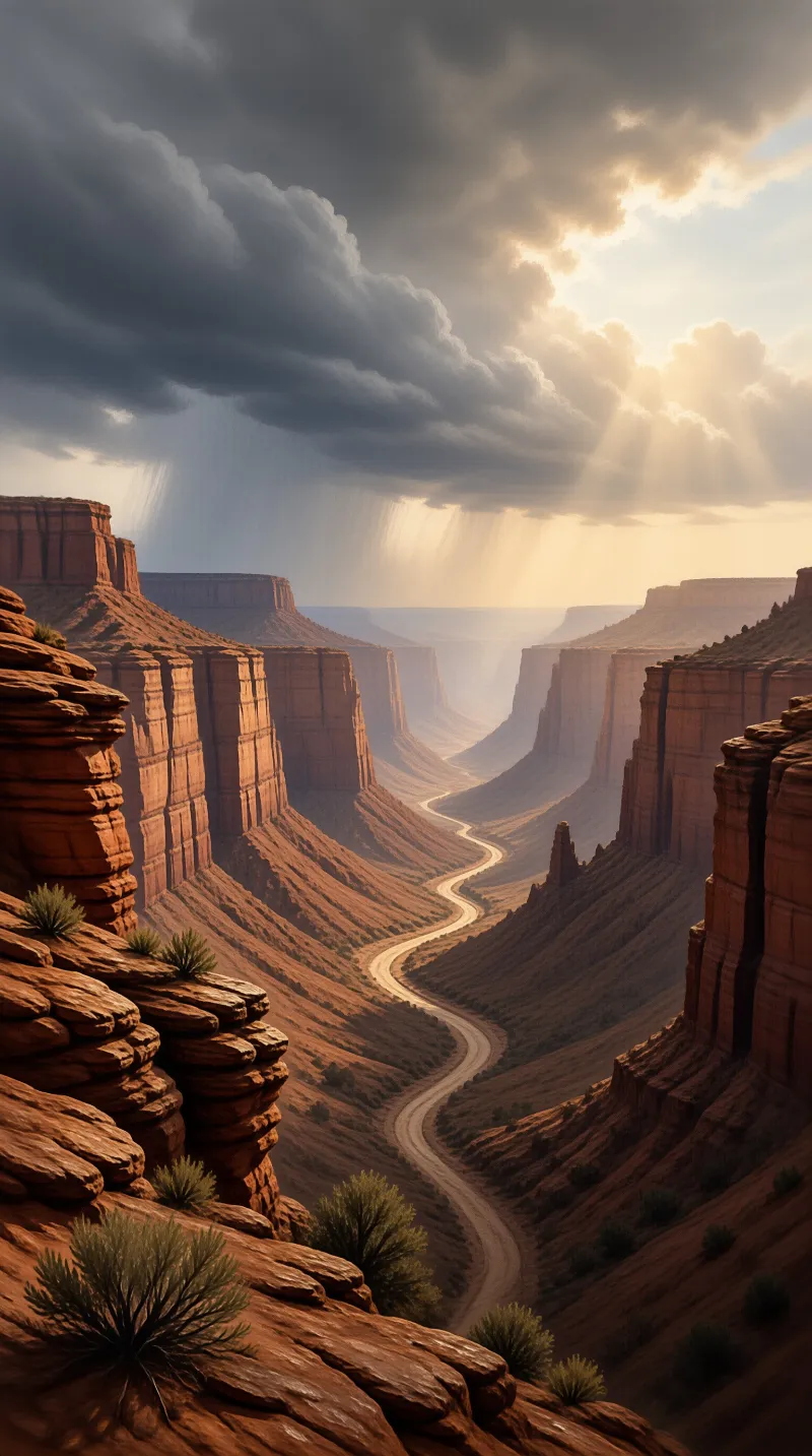 Layered sandstone cliffs flank a winding canyon floor while golden sunbeams pierce heavy storm clouds.