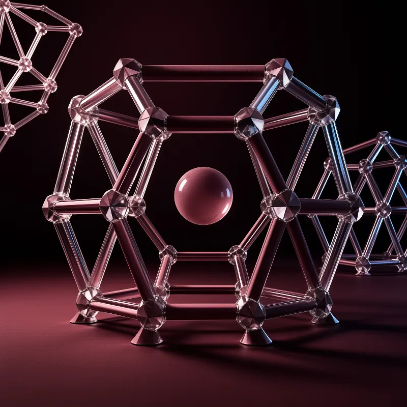 A hexagonal frame of transparent rods and crystals holds a pink sphere in the center against a dark purple background.