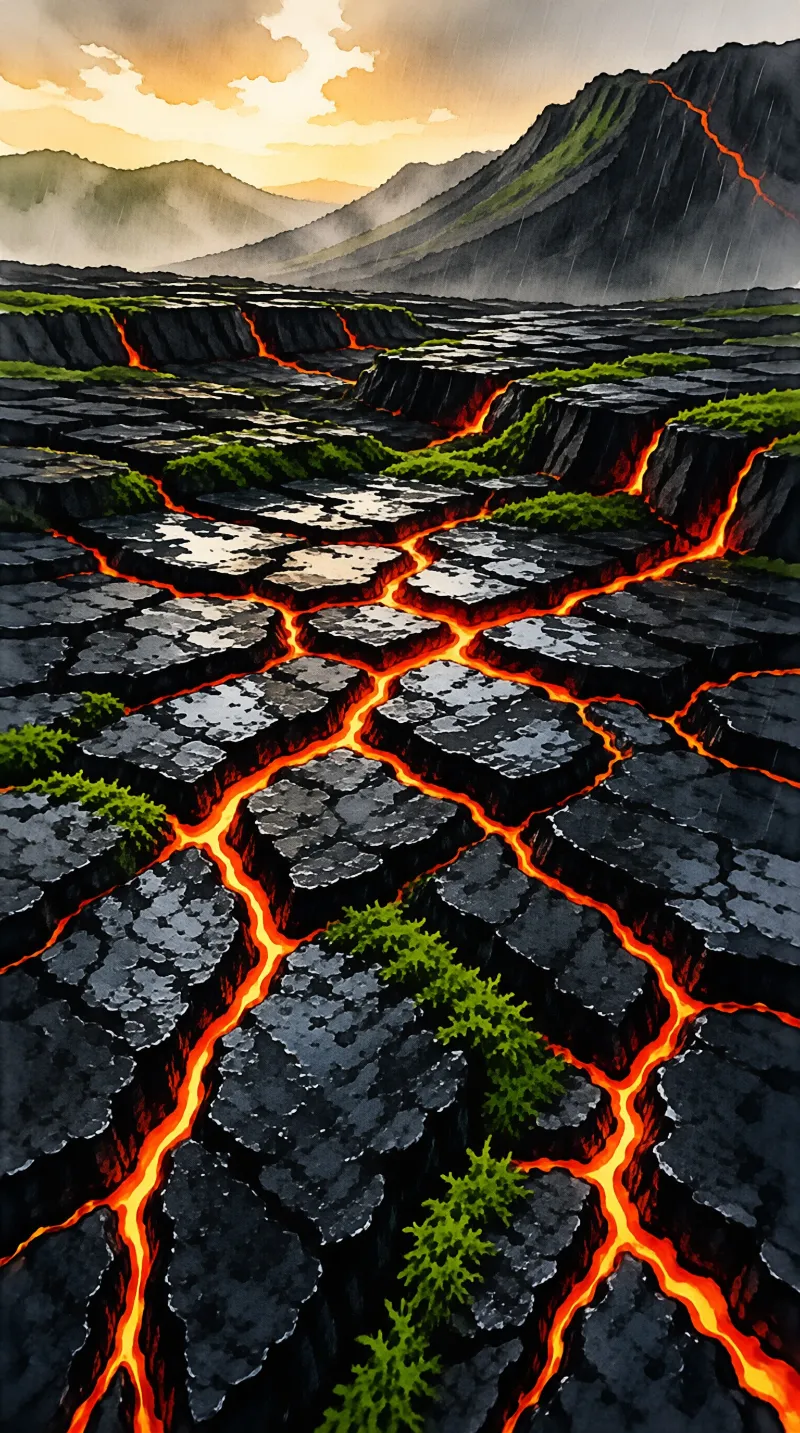 Dark cracked volcanic rock is split by bright orange lava fissures with green moss patches under a dramatic cloudy sky.