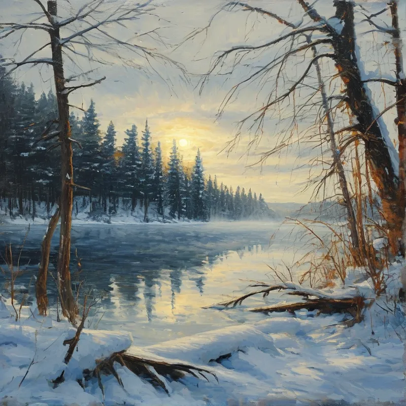 Winter scene featuring a frozen lake reflecting the setting sun and snow-covered trees under a pale sky.