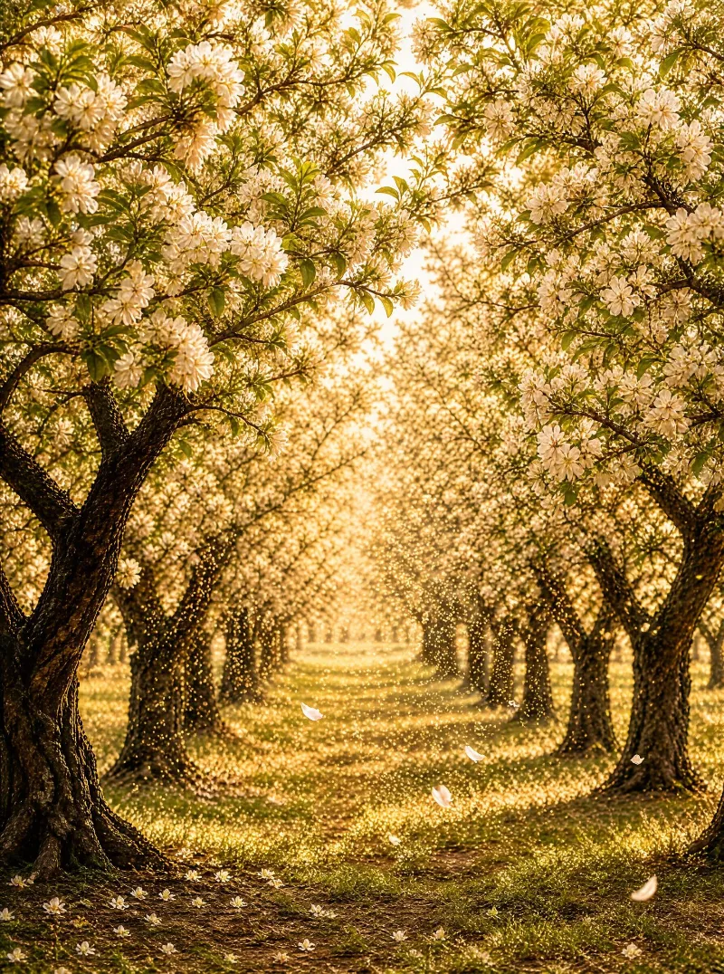 The image shows a row of trees with white blossoms in a sunlit orchard, where golden light filters through the branches and petals float gently to the ground