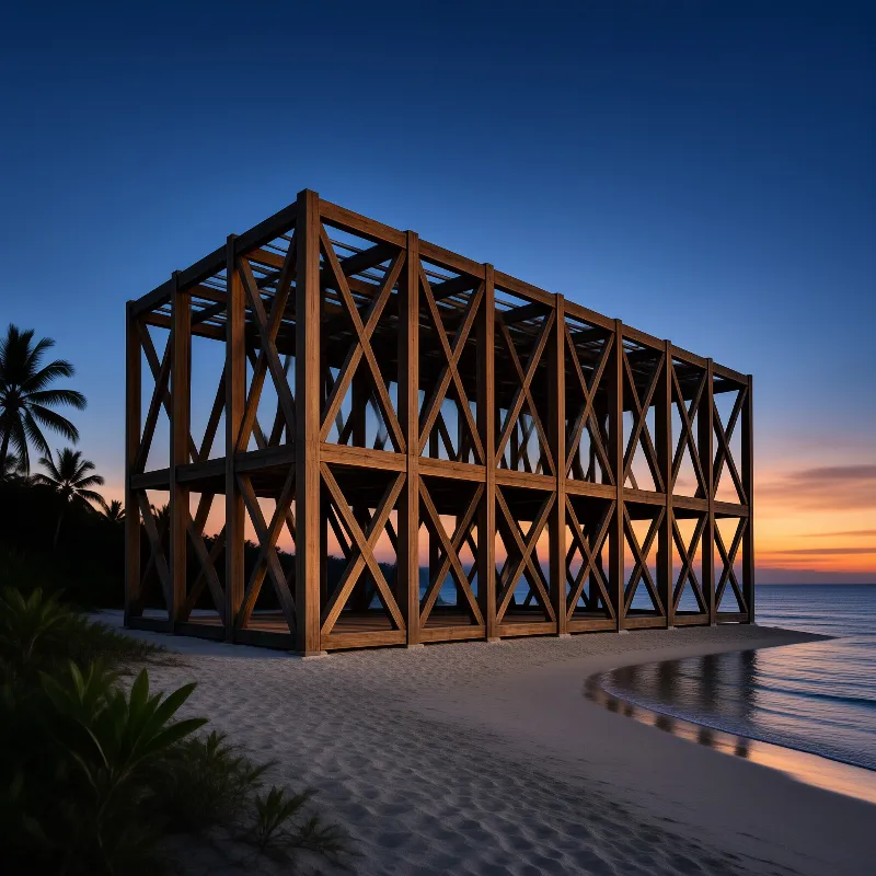 A massive wooden skeleton with X-bracing sits on white sand as the sky turns blue and orange at sunset.