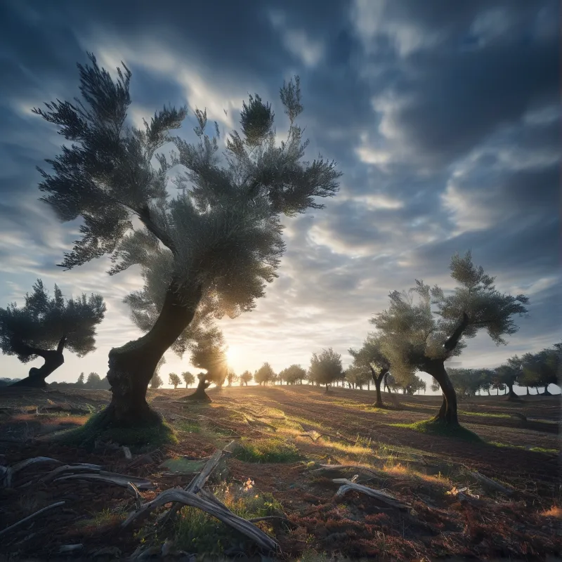 A twisted olive tree stands in a tilled field while the low sun breaks the horizon beneath heavy clouds.