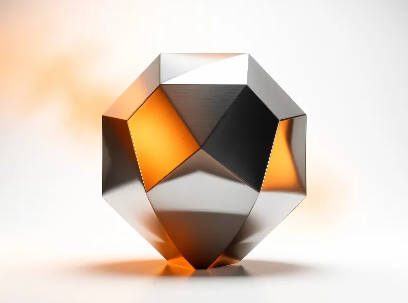 A faceted metallic object rests on a plain white surface reflecting warm orange and silver tones across its angular faces.