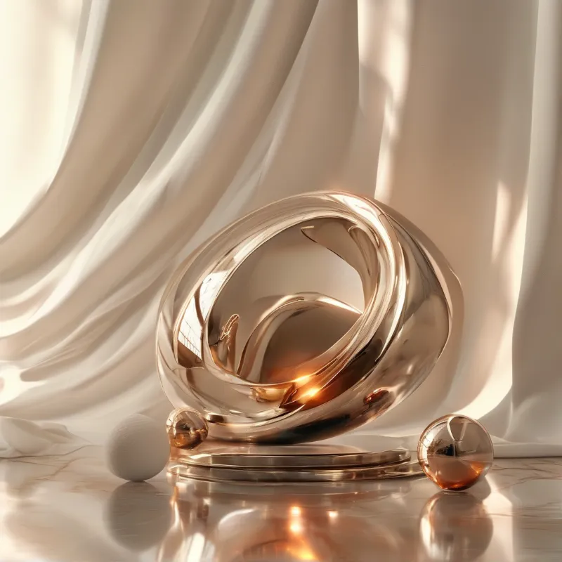 A polished copper loop sculpture rests on a reflective floor beside flowing cream fabric.