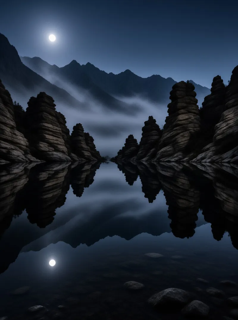 Layered rock towers stand near calm water reflecting a bright moon above distant misty mountains.