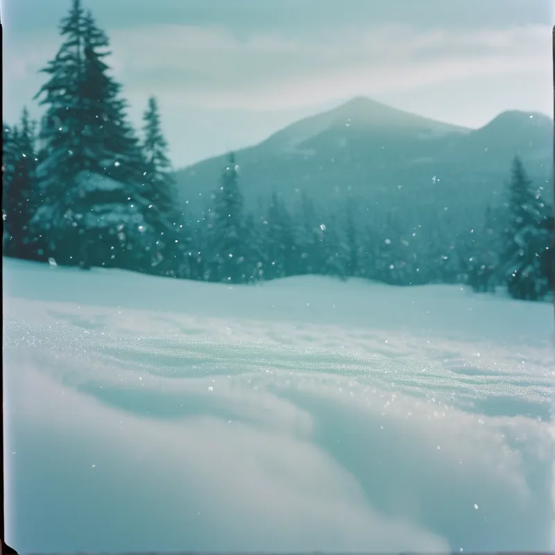 Textured snow covers the foreground, with evergreen trees and a hazy blue mountain range visible in the distance.