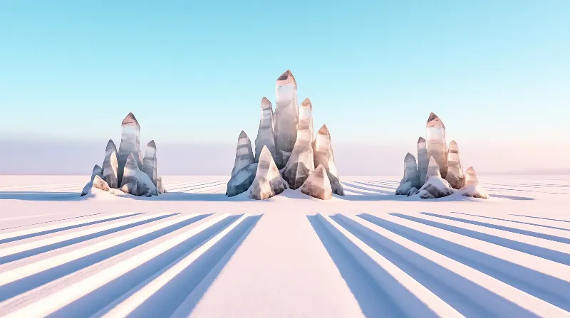 Jagged mineral clusters project long shadows across a pristine white landscape bathed in soft pink morning illumination.