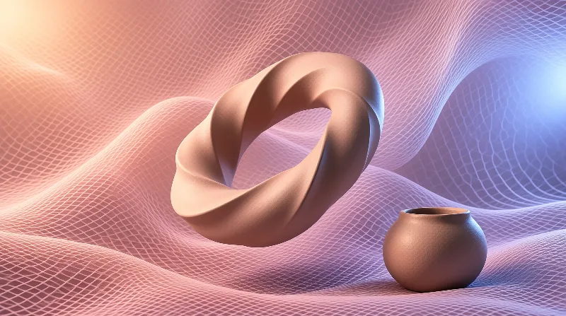 A matte beige spiral ring hovers above rippling wireframe mesh, beside a small terracotta pot under pink and violet light.