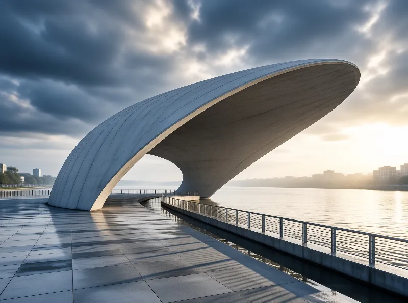 A sweeping curved concrete roof shelters an empty stone quay while low sun lights the clouds and railings throw long shadows