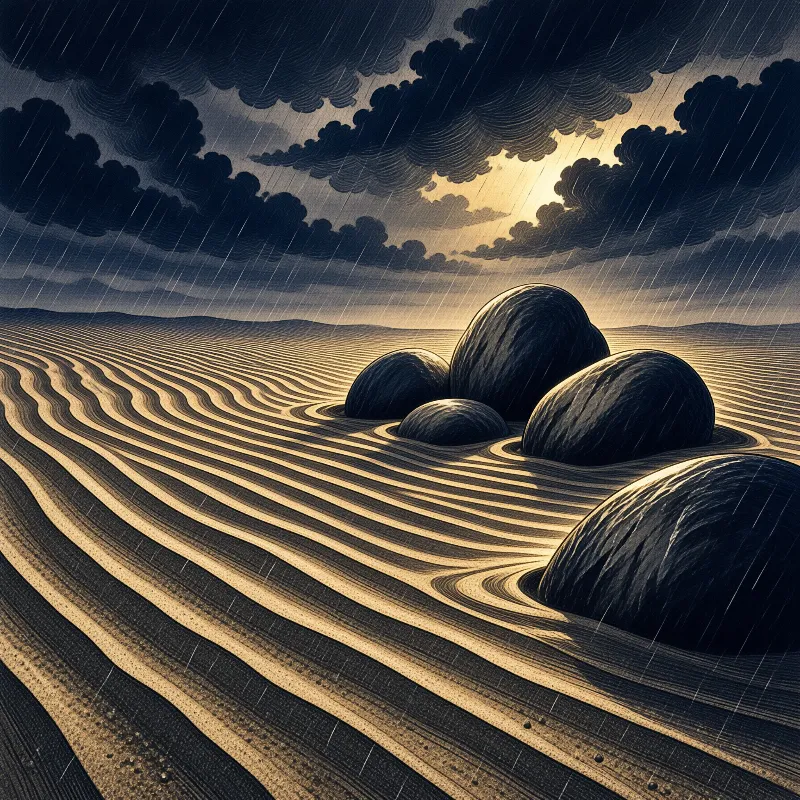 Dark rounded boulders sit in a field of golden rippled lines under a cloudy sky with rain falling.