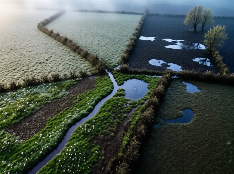 Farmland divided by bushes features scattered water puddles and a stream winding through the terrain under foggy light.