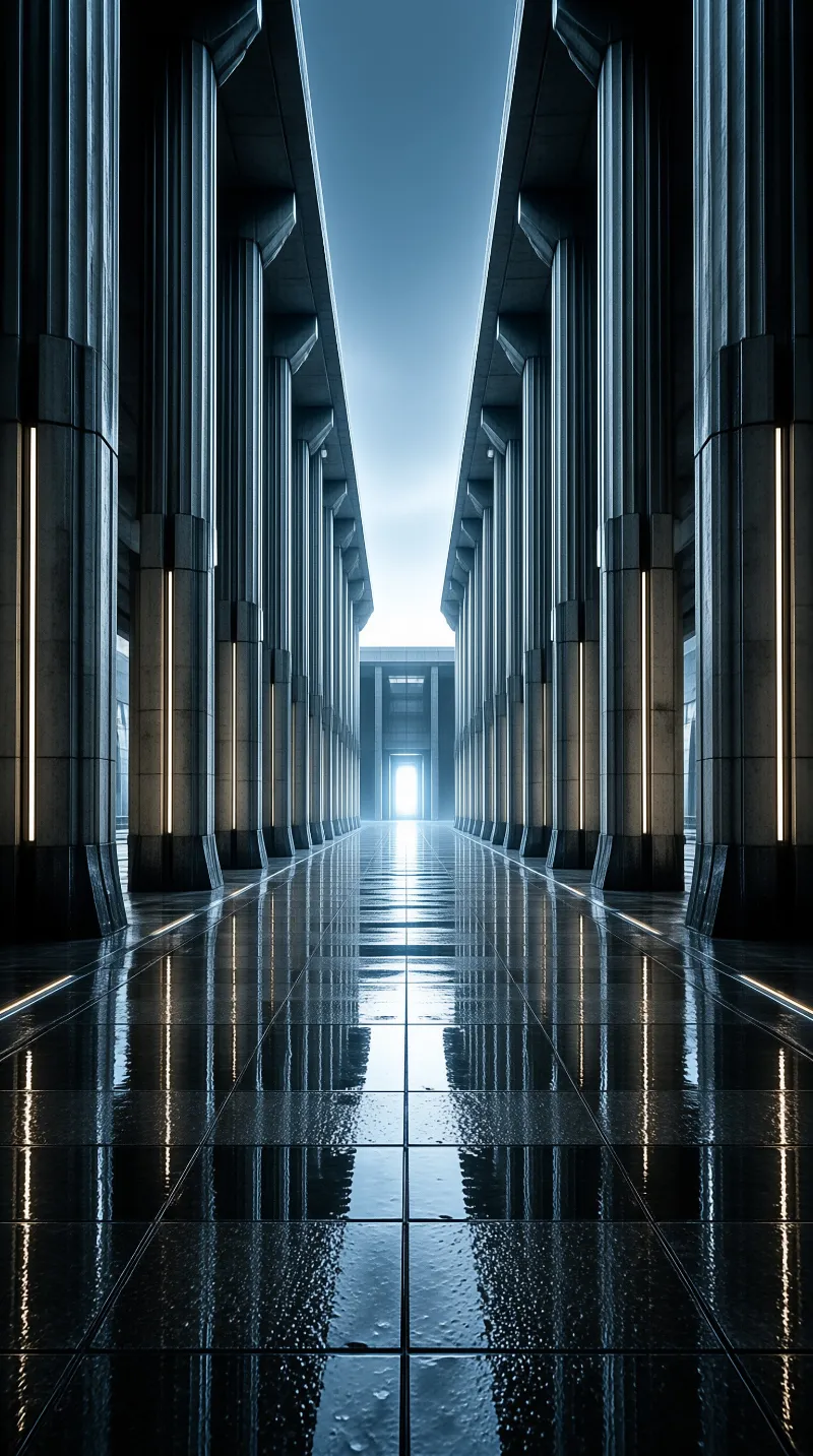 Symmetrical tall pillars line a wet floor reflecting vertical lights toward a bright distant doorway.