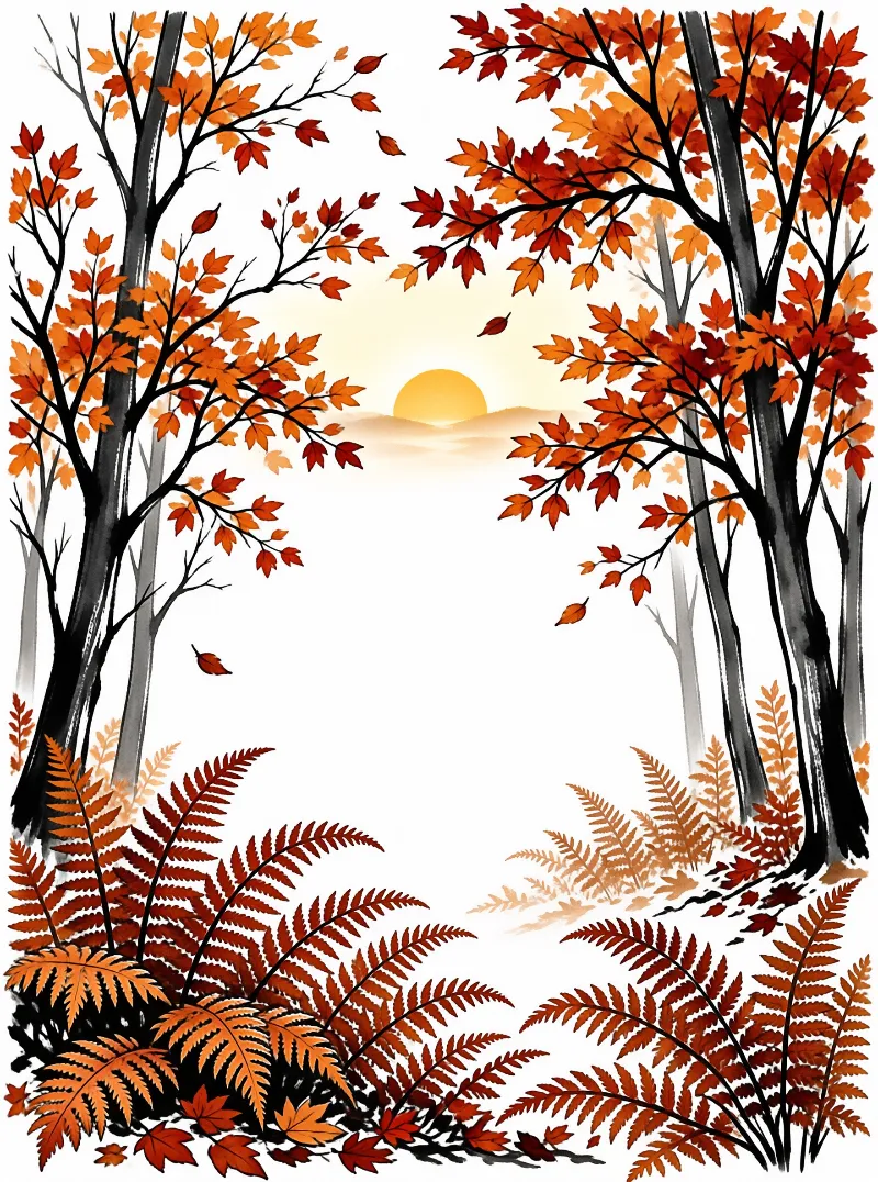 Stylized orange foliage and dark trunks surround a clearing where a bright yellow orb rests above rolling hills.