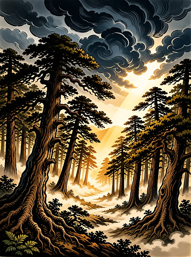 Gnarled pine trees stand in a misty landscape while sunlight breaks through heavy, dark swirling clouds above.