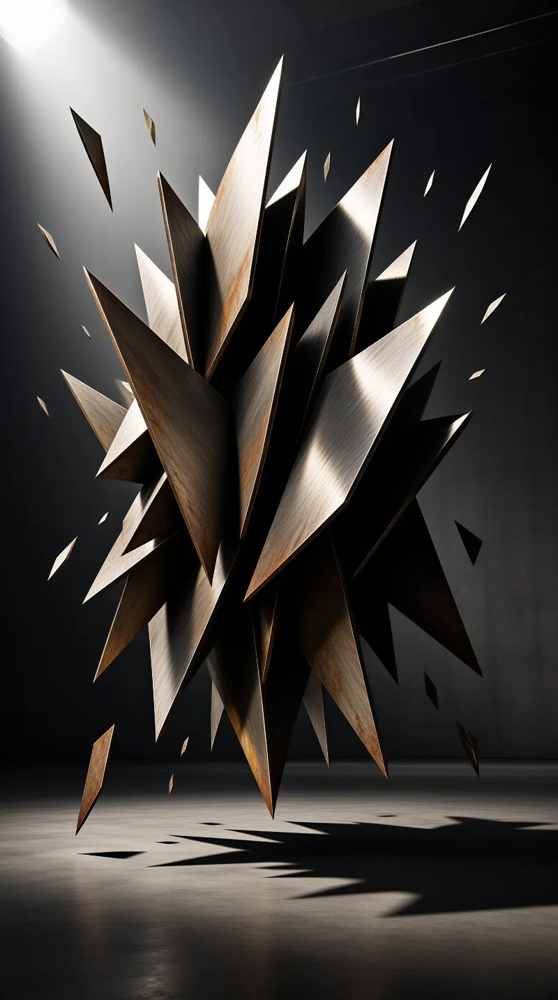 A burst of sharp brushed-metal blades hangs frozen mid-air, lit by a single spotlight in a black gallery.