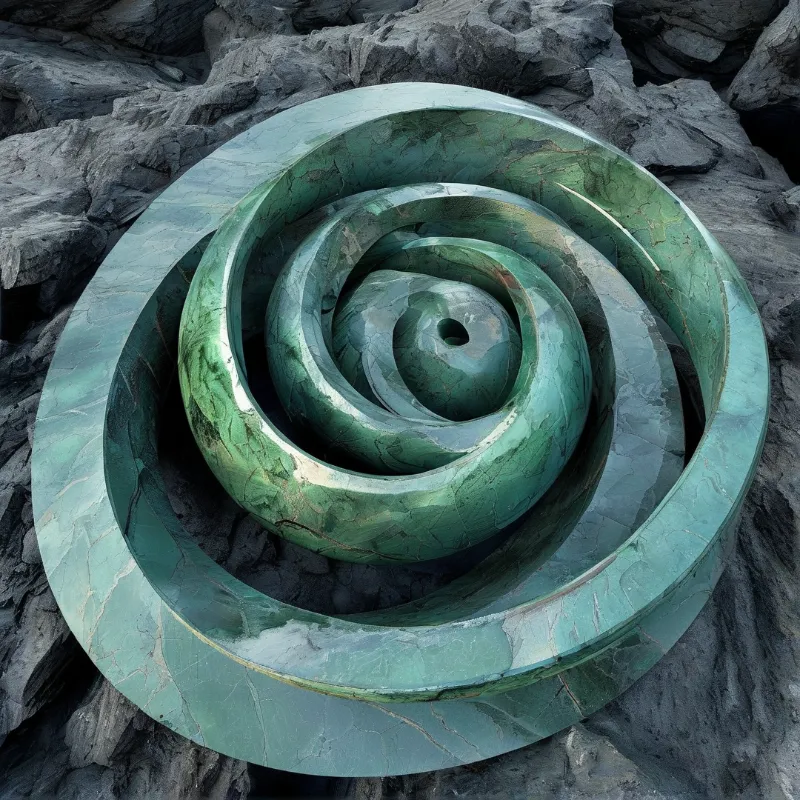 A massive green spiral stone sculpture rests upon a surface of jagged dark grey rocks.