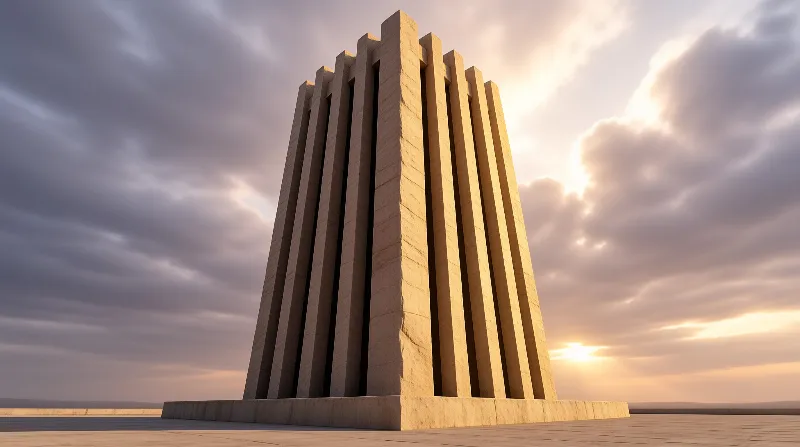 Massive beige concrete block with vertical ridges stands on a paved area under a dramatic cloudy sky.