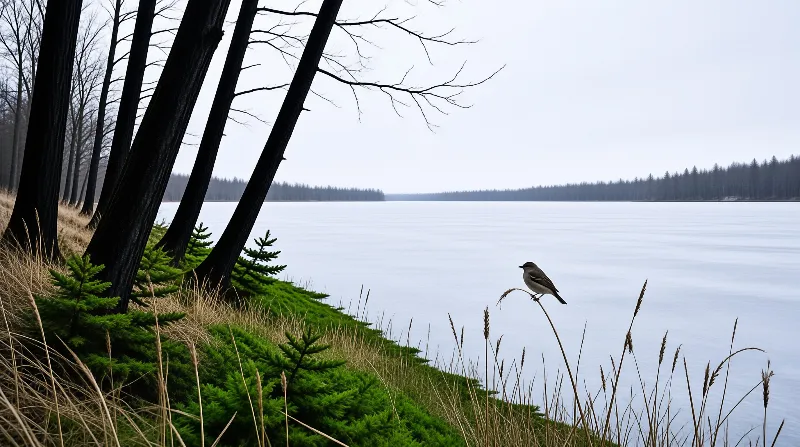 A grey songbird balances on a bent stalk of last year grass while dark pines lean over calm pale water.
