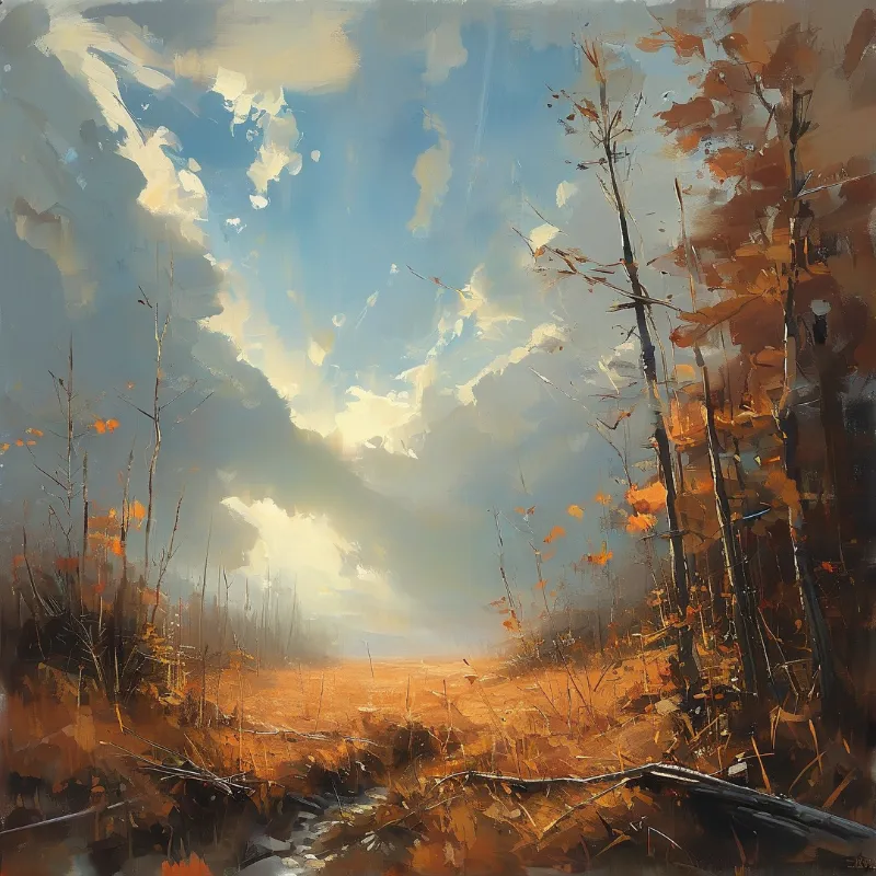 Impressionist autumn grassland scene with sparse trees, sun piercing broken clouds to cast warm golden glow across the open field.