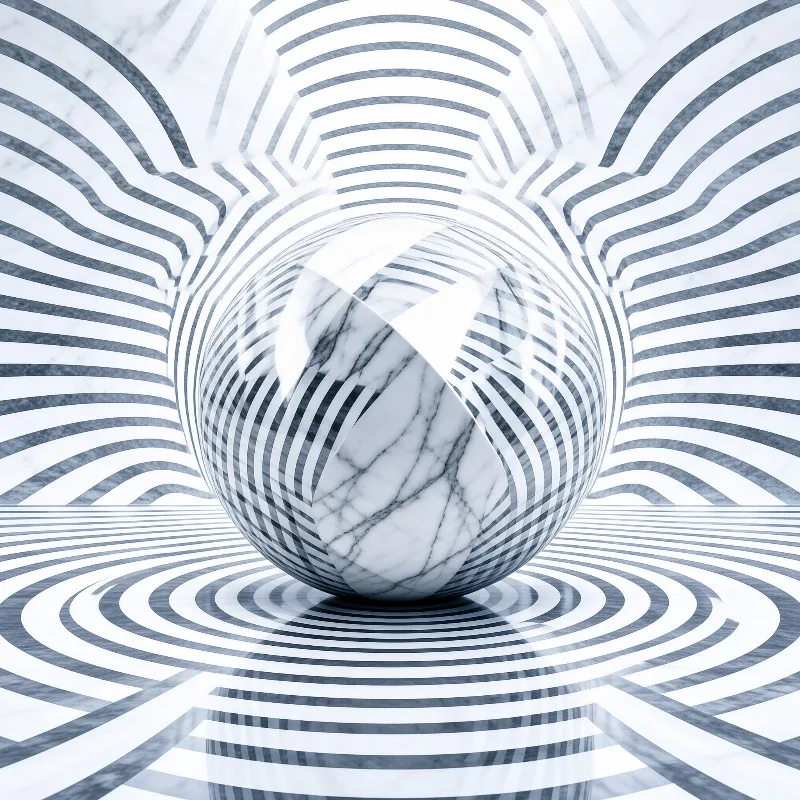 A white marble sphere with a spiral cutout sits at the center of concentric striped rings rippling across floor and walls.