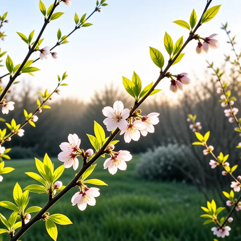 Pink flowers bloom on branches with green leaves, lit by golden sunlight against a grassy background and fence.