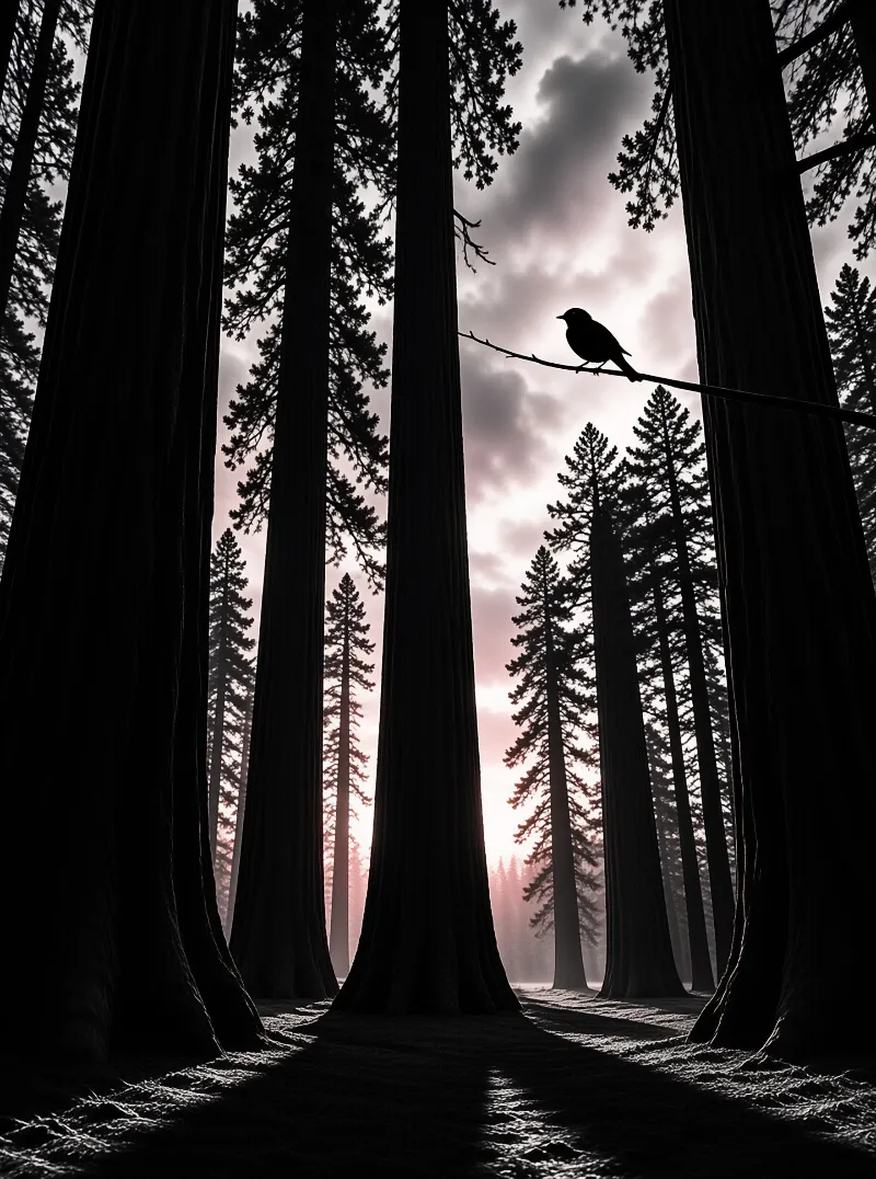 Dark silhouetted tree columns frame a small songbird on a thin branch against a soft pink evening sky