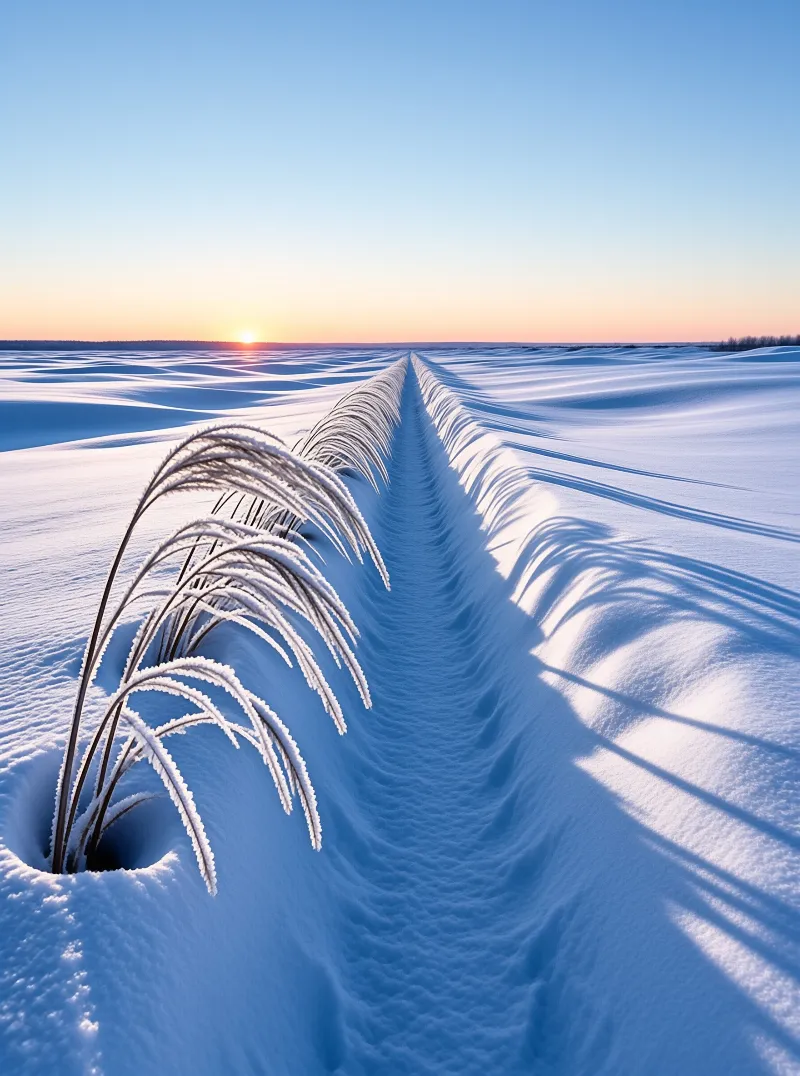 A single trench lined with iced grasses cuts straight toward a low sun rising over endless blue shadowed drifts of snow.