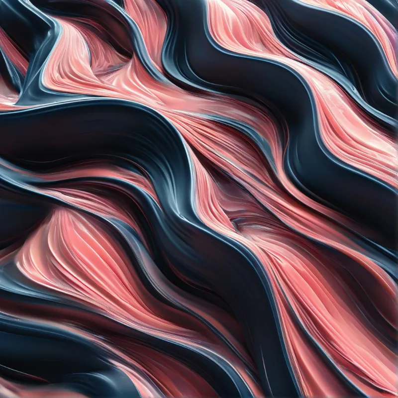 A smooth abstract pigment swirl shows coral pink and deep black layers flowing together with soft reflective highlights.
