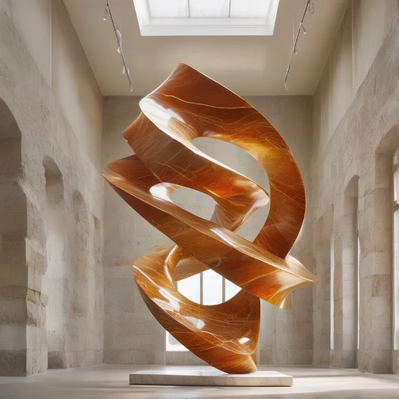 A large twisting amber form rests on a base within a high-ceilinged hall featuring stone arches and overhead sunlight.