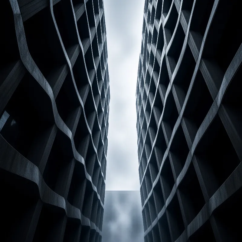 Two dark monolithic walls of wavy concrete cells converge upward around a narrow band of cloudy sky