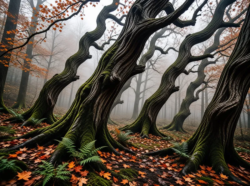 Gnarled tree trunks covered in green moss lean right in a foggy woodland scattered with orange maple leaves and ferns.