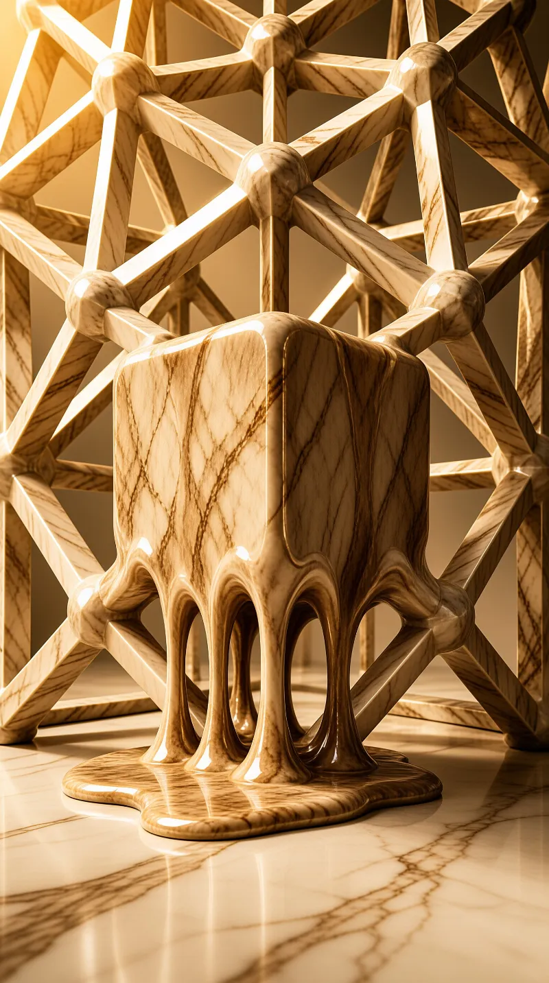 A glossy marble block melts into liquid legs inside a warm lit lattice framework.