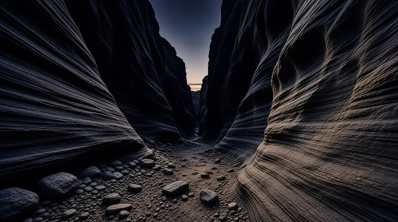 Narrow rock walls curve inward over a pebbly floor leading to a distant sliver of evening sky.