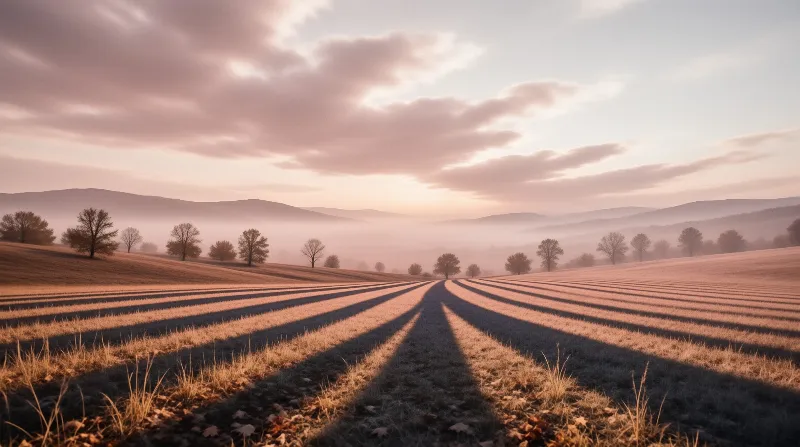Long shadows stretch across a freshly furrowed farm field as dawn light glows over low mist-covered hills.