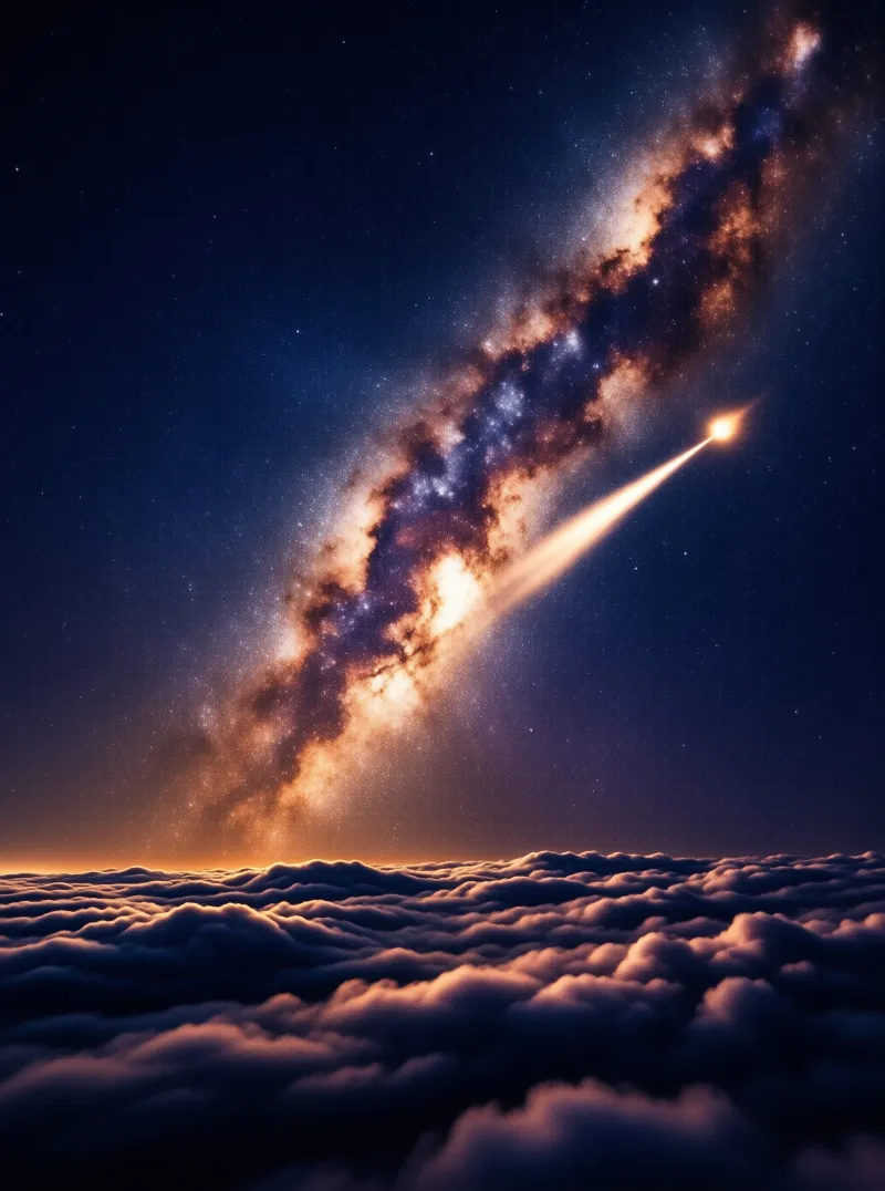 A bright meteor leaves a glowing trail as it moves across the Milky Way galaxy above a sea of clouds.