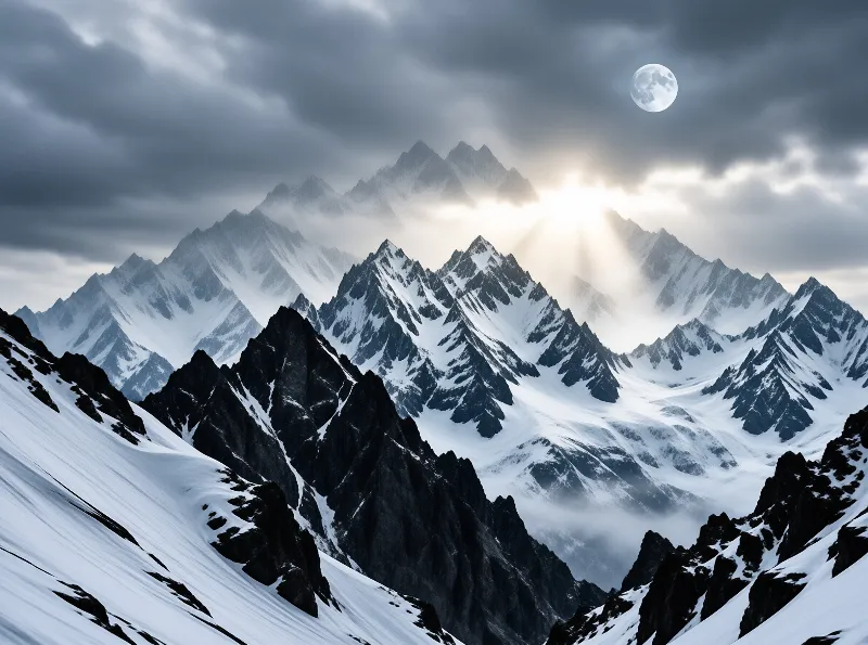A dramatic view of jagged snowy summits where sunbeams pierce through heavy clouds near a bright full moon.