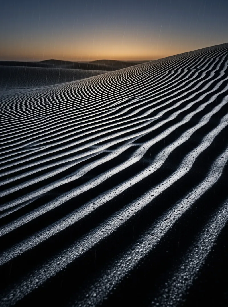 Sand dunes display sharp ripple patterns lit by sunset light while vertical rain streaks fall across the dark landscape.