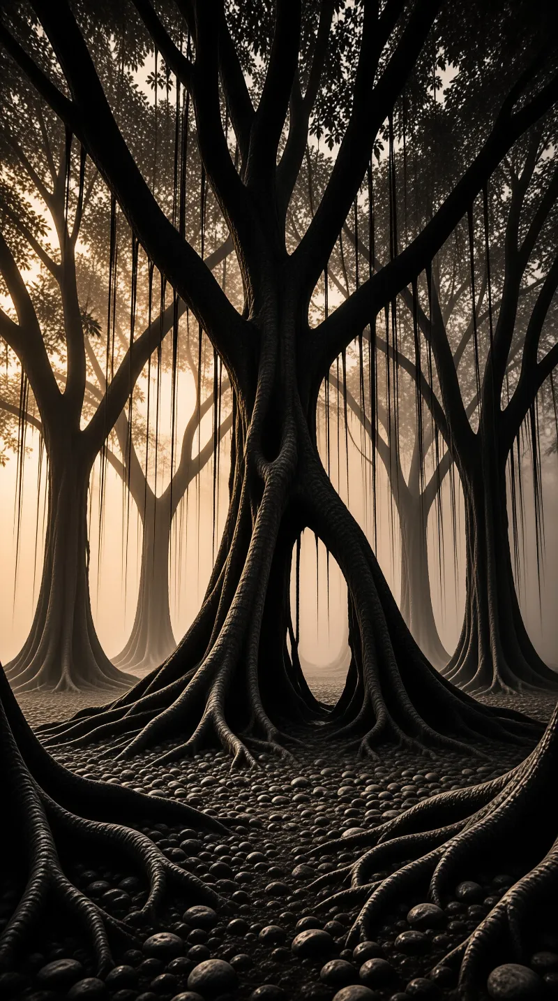 Massive twisting tree roots form archways in a hazy amber forest with hanging vines and a pebbled ground.