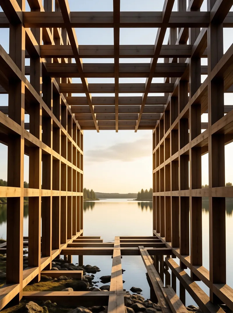 An open wooden house skeleton stands by the water, casting geometric shadows towards a misty lake horizon.