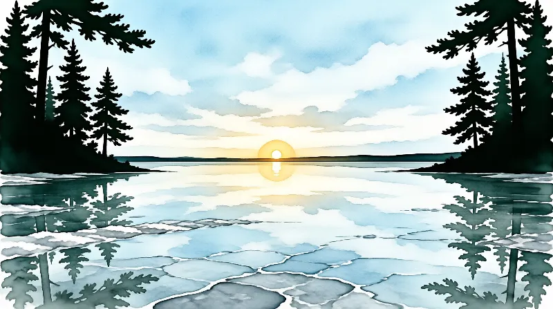Watercolor landscape of cracked ice on a lake with a glowing sun rising between silhouetted evergreen trees.