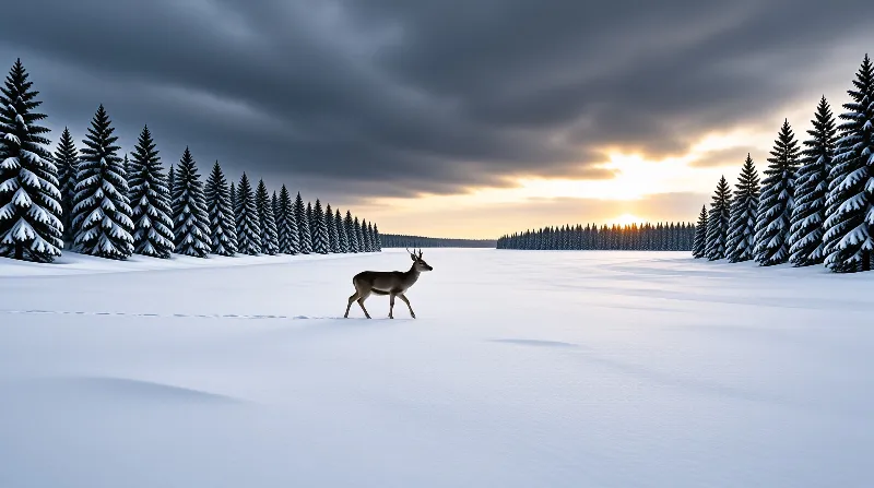 A lone deer walks across an open snowfield framed by snow-dusted evergreens, as golden sunrise light shines through dark clouds on the horizon.