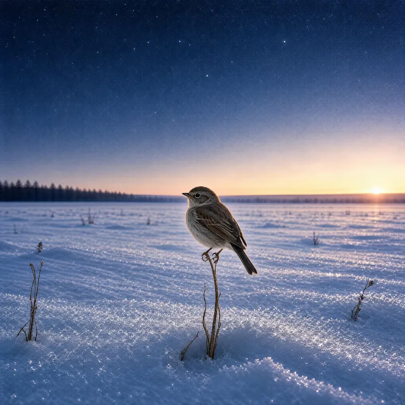 A small songbird perched on a thin branch in a snowy field during twilight, with a starry sky and soft glow of the setting sun in the background