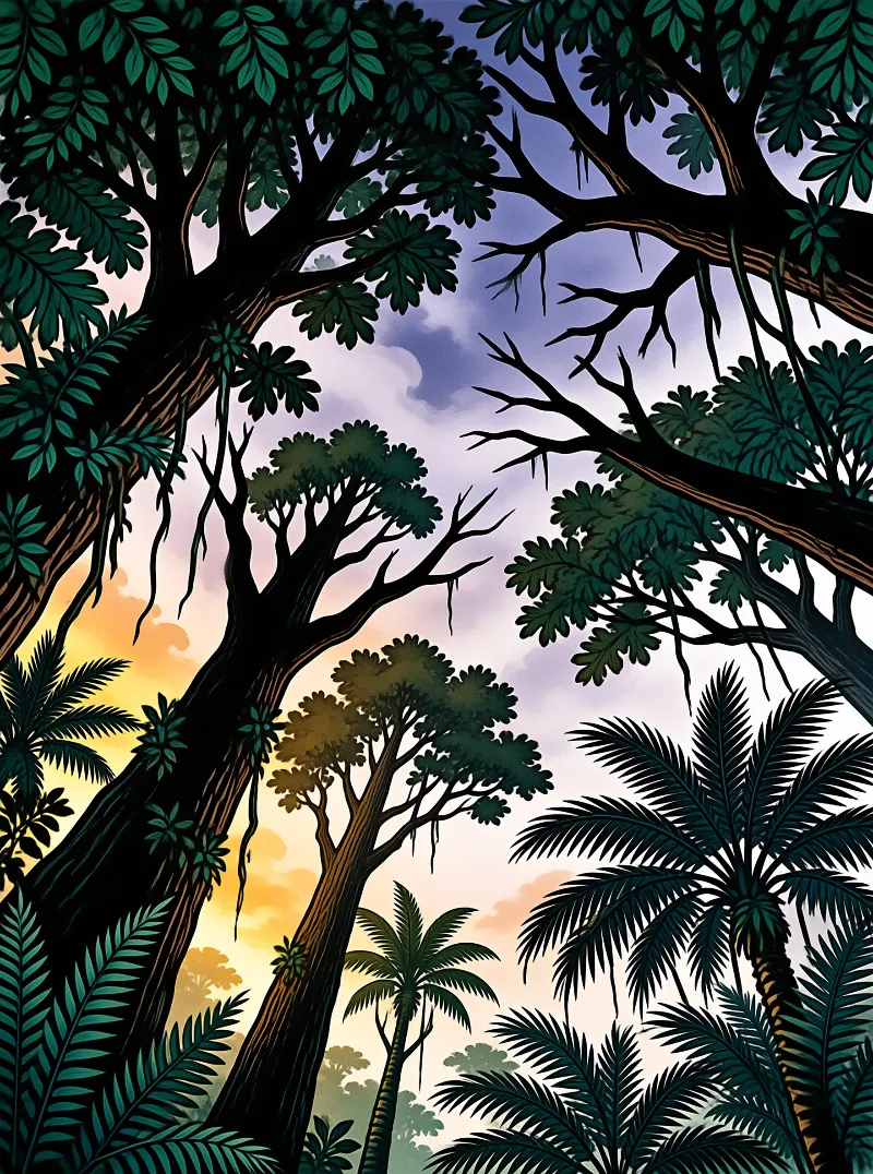A dense forest canopy rises against a gradient sky shifting from orange to purple at dusk.