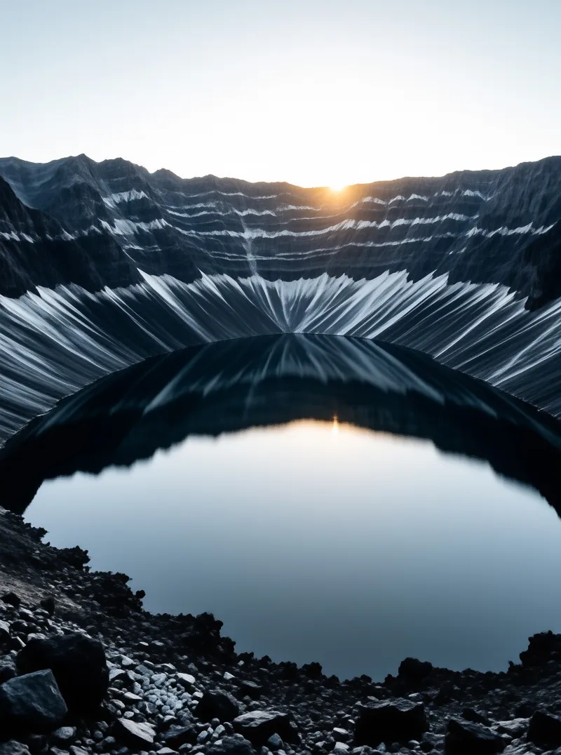 A deep blue crater lake reflects sunrise light breaking over a rim streaked with white snow and dark volcanic rock.