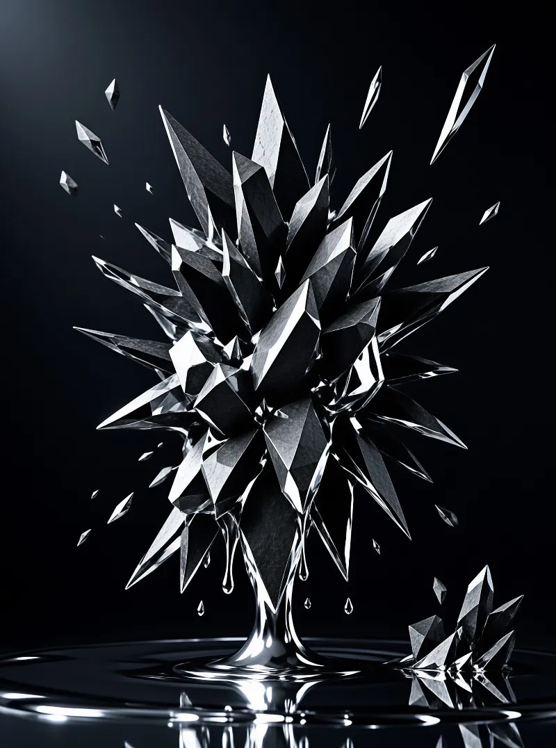 A sharp geometric structure made of crystalline pieces emerges violently from a dark glossy surface.